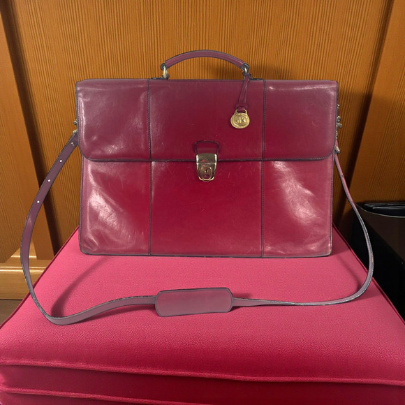 VTG Brahmin Red Leather Briefcase Distressed Gold Office Shoulder Bag Large - Picture 1 of 13